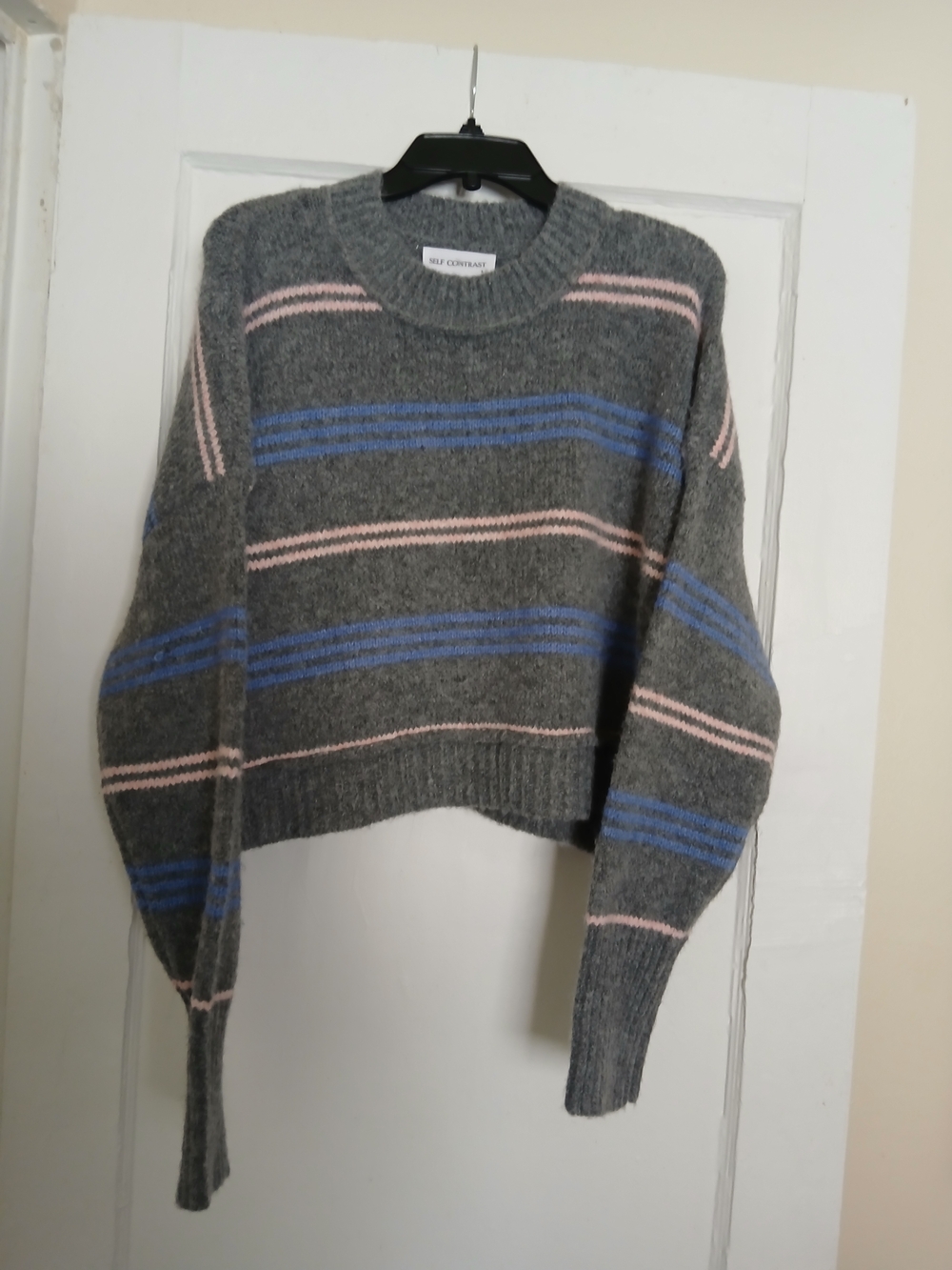 Women's Gray Striped Crewneck Sweater with Blue & Pink Bands